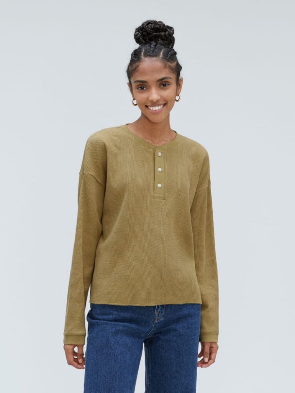 Everlane Organic Cotton Waffle Henley Olive Green/Fennel Seed XS